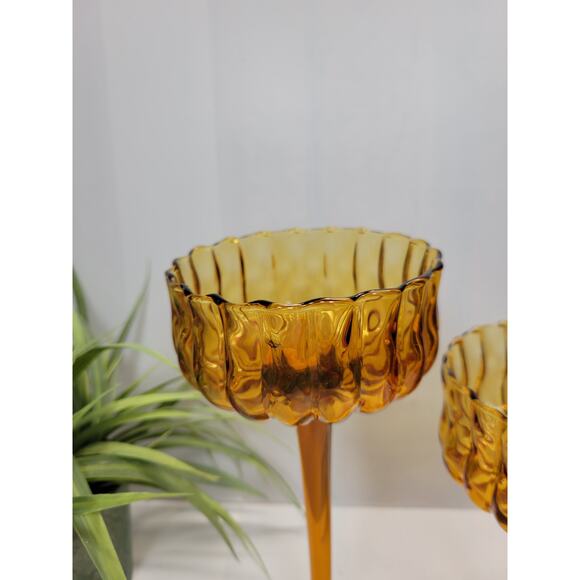 2 Vintage Amber Ribbed Stemmed Candy Dishes, Hand Blown Decor Centerpiece MCM - Picture 2 of 4